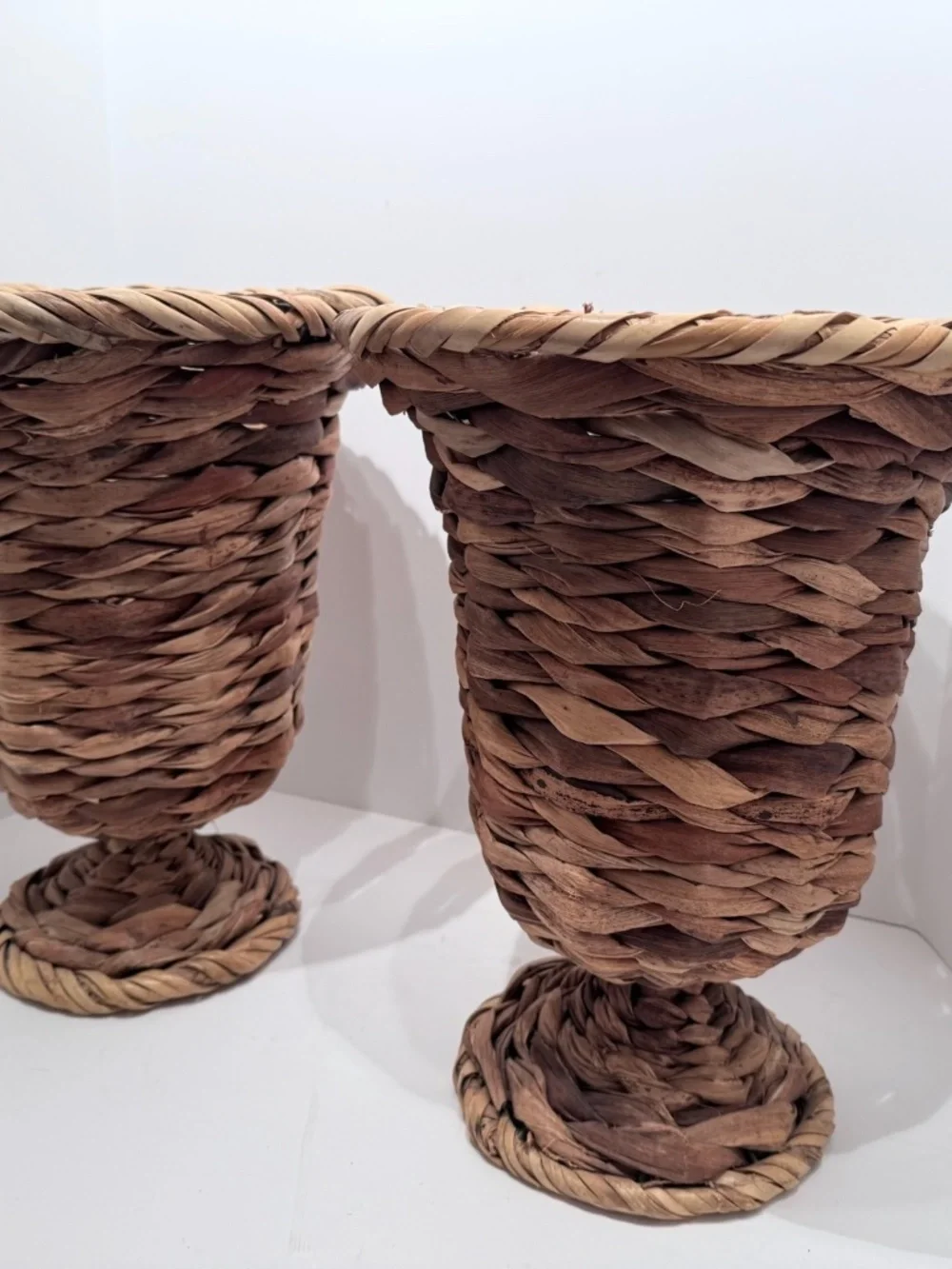 Vintage Pair Woven Wicker Urn Style Pedestal Vases